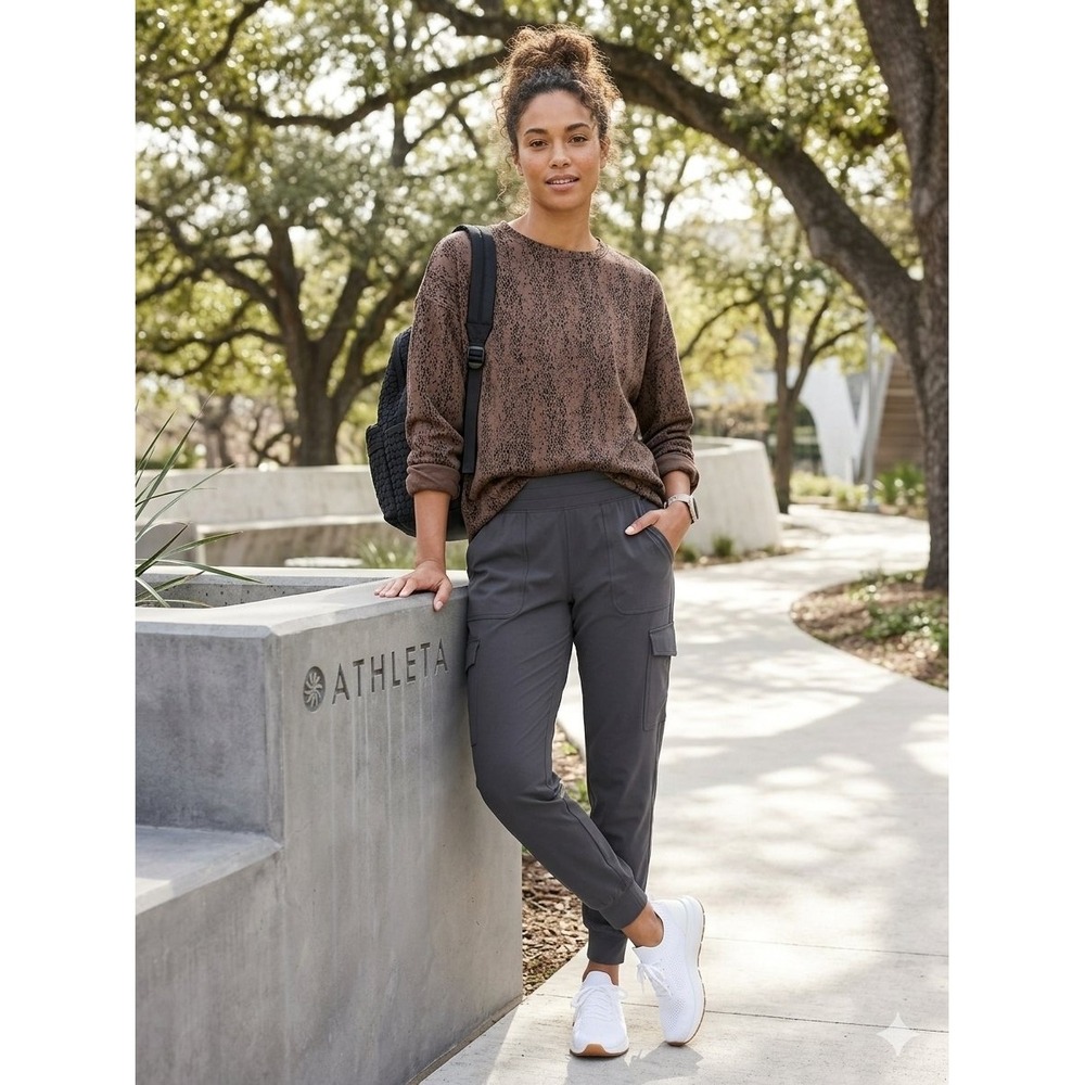 Athleta Womens L Brown Black Speckled Animal Print Oversized Fleece Sweatshirt